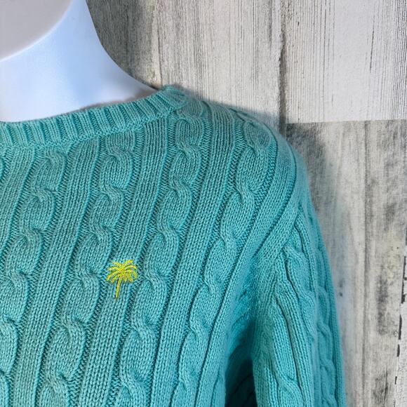 VTG Lilly Pulitzer Teal Cable Knit Sweater M | 100% Cotton | Palm Logo - Picture 4 of 7